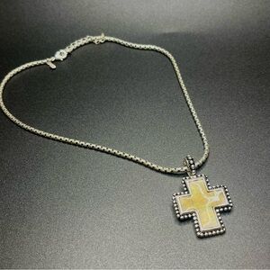 Vintage Premier Designs cross necklace silver tone shell inlay pendant.